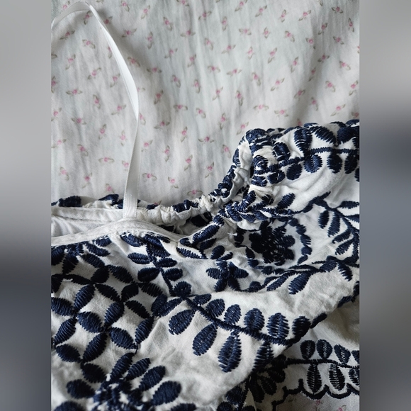 White And Navy Blue Embroidered Off The Shoulder Shorts Romper/ Jumpsuit - Picture 5 of 8